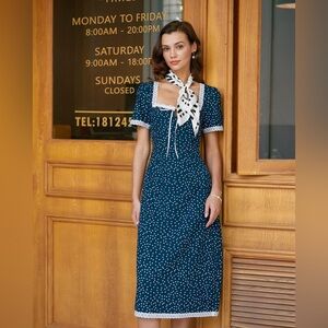Rihoas Navy Polka Dot Lace Midi Dress